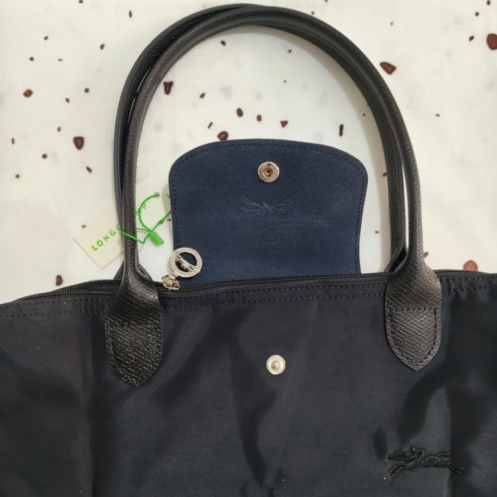Longchamp Black Tote with Neon Green Trim